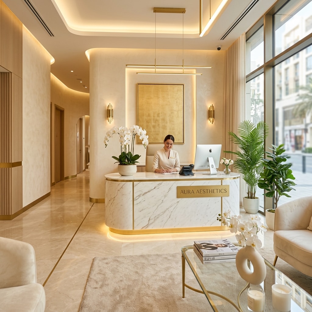 Recepção luxuosa da clínica Bela Pele